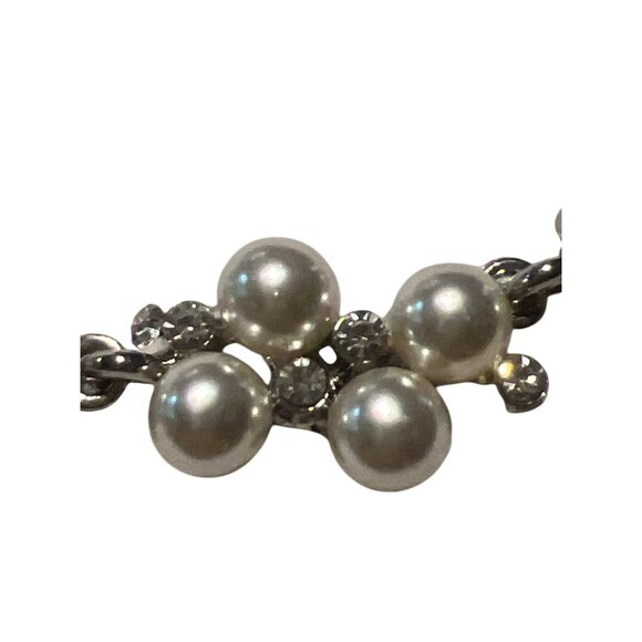 Silver Tone Articulated Faux Pearl Rhinestone Collar Necklace Choker Adj 19" - Picture 2 of 4